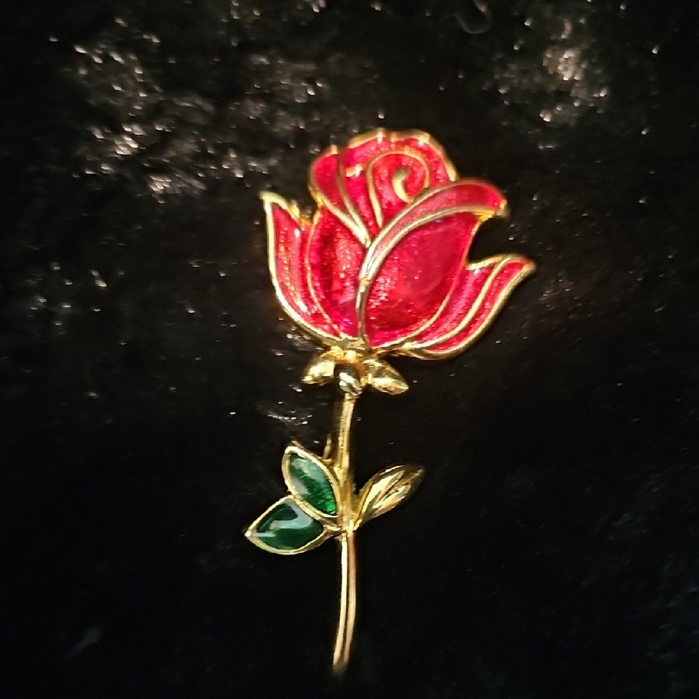 Gold-Tone Red Rose Enamel Brooch with Green Leaves